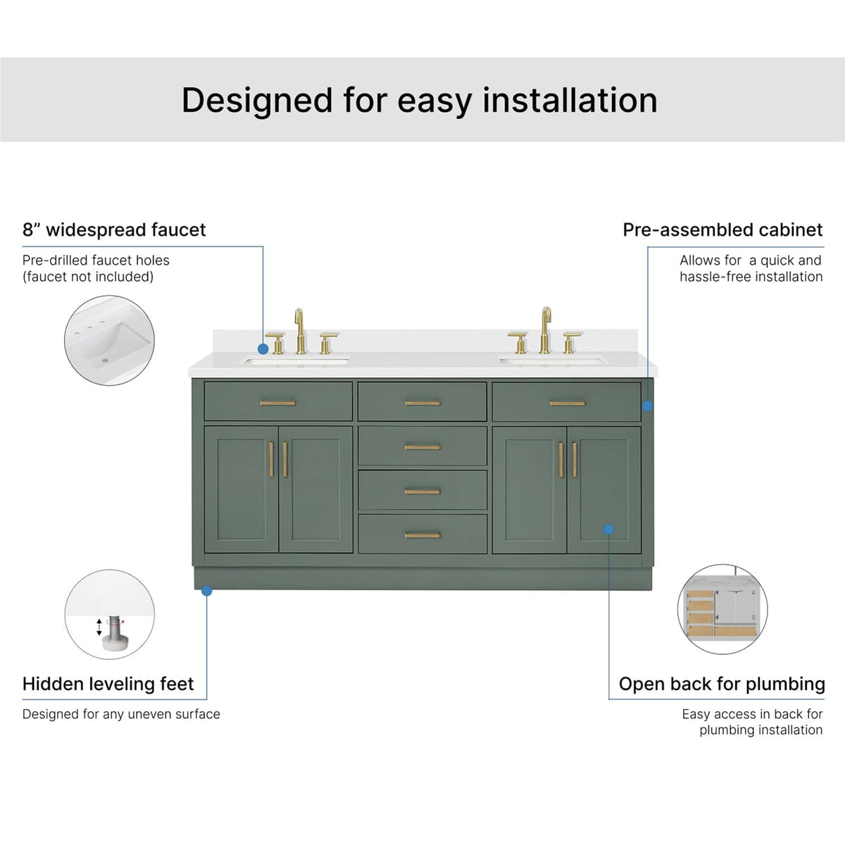 DKB Emilia 72 Inch Bathroom Vanity Double Sink â White Bathroom Vanity with Sink, 1.5" Edge Carrara White Quartz Countertop & Backsplash, 4 Soft-Close Doors, and 6 Dovetail Drawers