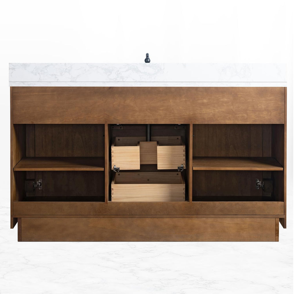 HOMEBEYOND 72" Bathroom Vanity with Double Sink & Ceramic Top, MDF Material Vanity Cabinet with Basin Combo, Soft-Closing Doors, Removable Shelf, Backsplash, Tan