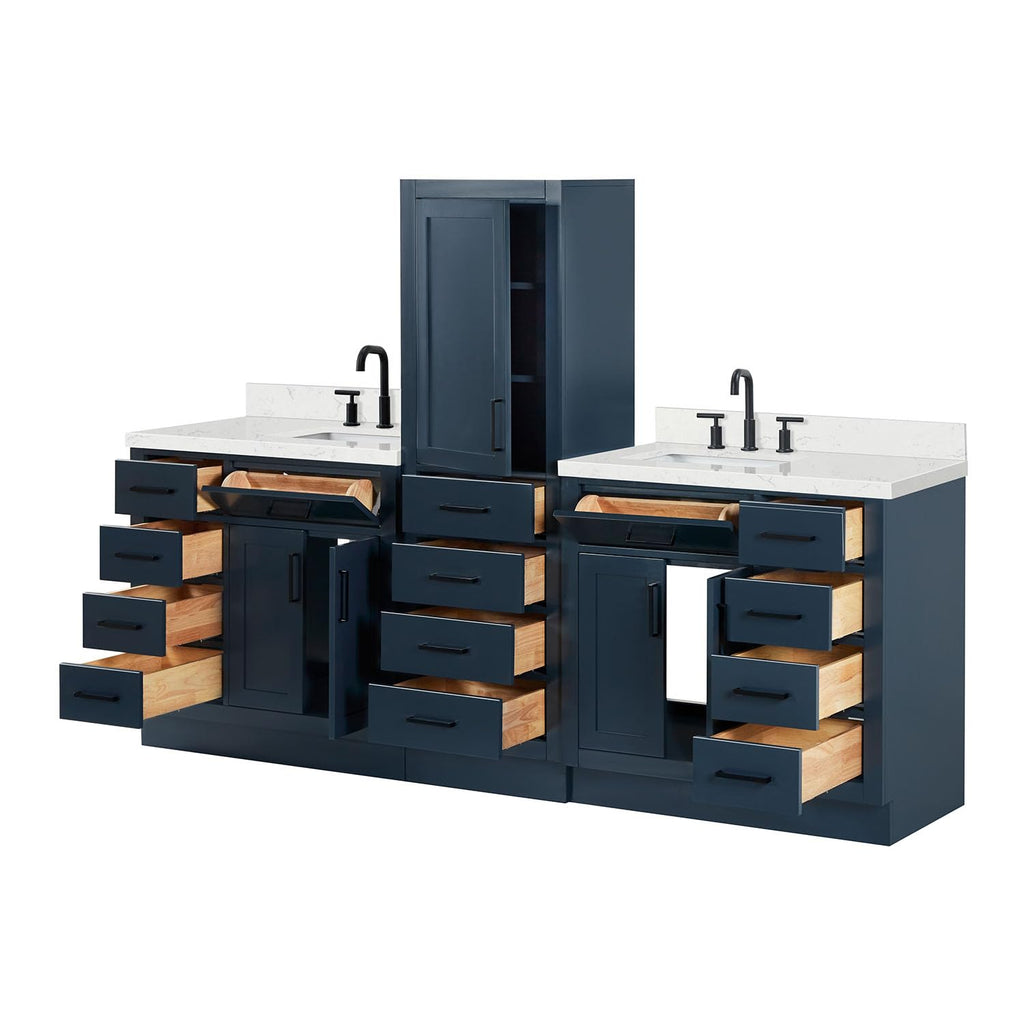ARIEL Hepburn 92 Inch Includes 20 Inch Linen Cabinet and 1 of 72 Inch Double Rectangle Sink Bathroom Vanity with Carrara White Quartz Countertop 1.5 Inch in Natural Oak