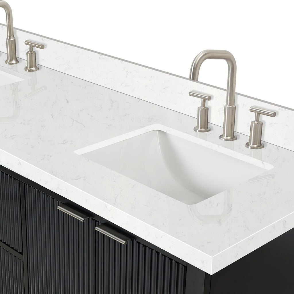 DKB Emilia 72 Inch Bathroom Vanity Double Sink â White Bathroom Vanity with Sink, 1.5" Edge Carrara White Quartz Countertop & Backsplash, 4 Soft-Close Doors, and 6 Dovetail Drawers