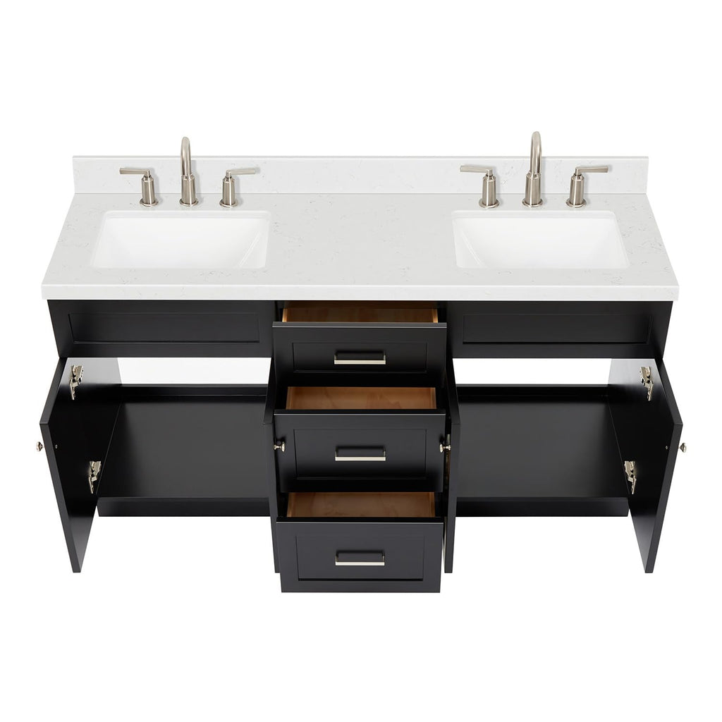 DKB Isabella 66" White Double Bathroom Vanity with 1.5" Carrara Quartz Countertop, Double Rectangular Undermount Sinks, 4 Soft Closing Doors, 6 Dovetail Drawers