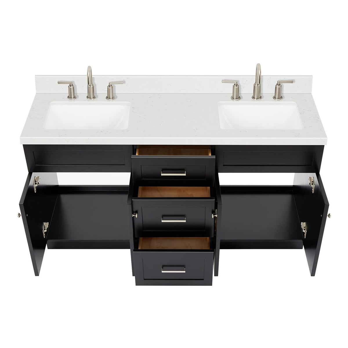 DKB Isabella 66" White Double Bathroom Vanity with 1.5" Carrara Quartz Countertop, Double Rectangular Undermount Sinks, 4 Soft Closing Doors, 6 Dovetail Drawers