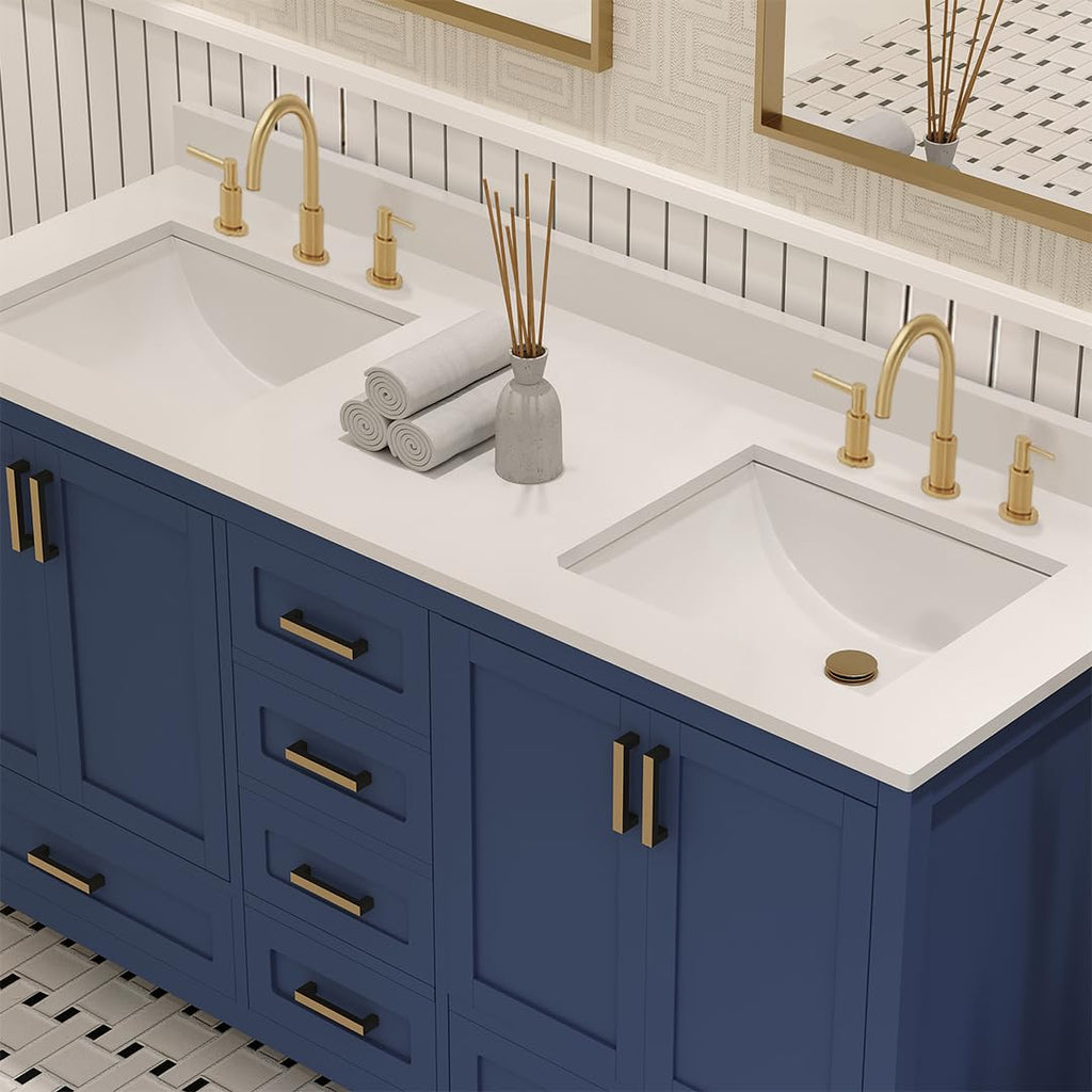Ayna Decors Maya 72 Inch Double Vanity with Sink and Pre Drilled Faucet Holes Quartz Top in Charcoal Grey, Freestanding Bathroom Vanities with Soft Close Doors and Drawers - Brushed Gold Hardware