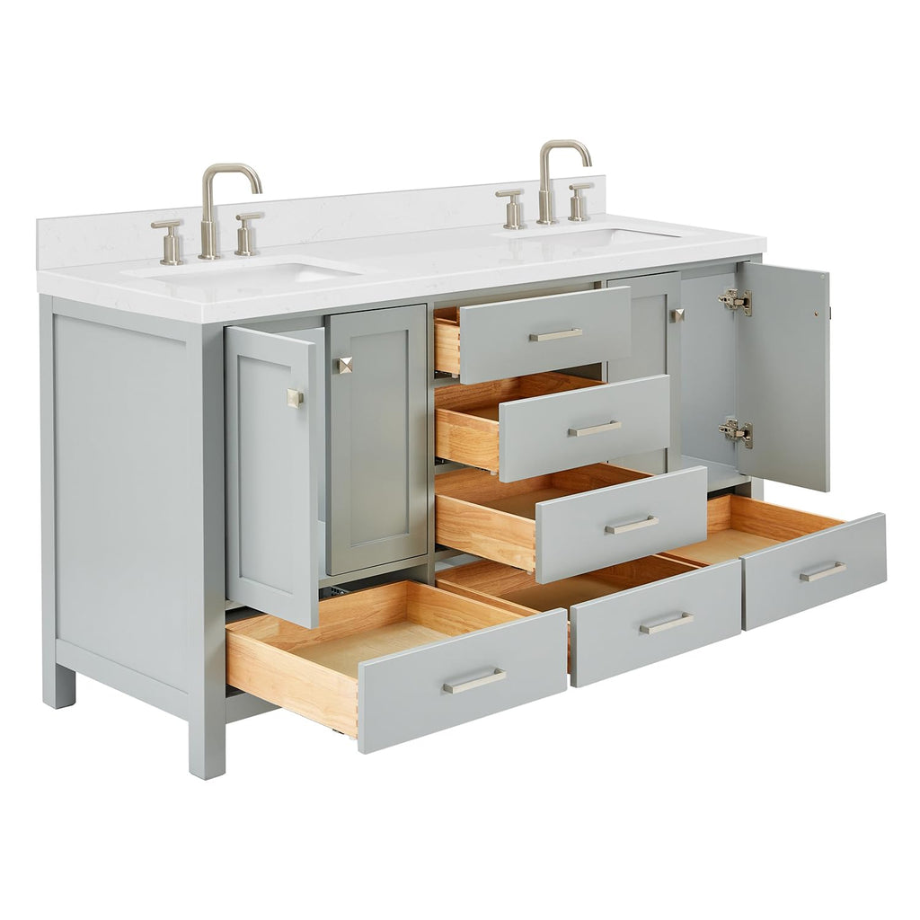 DKB Isabella 66" White Double Bathroom Vanity with 1.5" Carrara Quartz Countertop, Double Rectangular Undermount Sinks, 4 Soft Closing Doors, 6 Dovetail Drawers