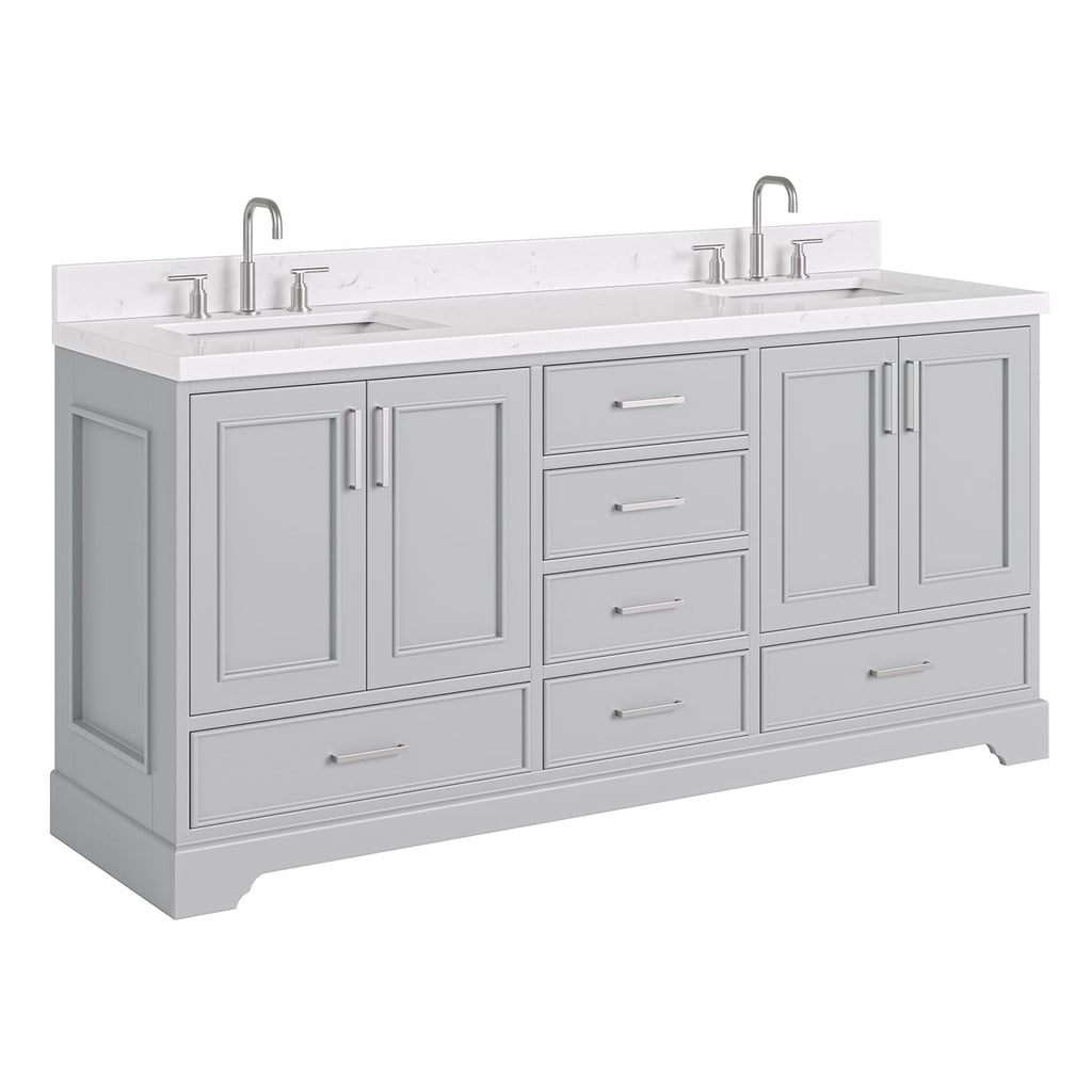 DKB Emilia 72 Inch Bathroom Vanity Double Sink â White Bathroom Vanity with Sink, 1.5" Edge Carrara White Quartz Countertop & Backsplash, 4 Soft-Close Doors, and 6 Dovetail Drawers