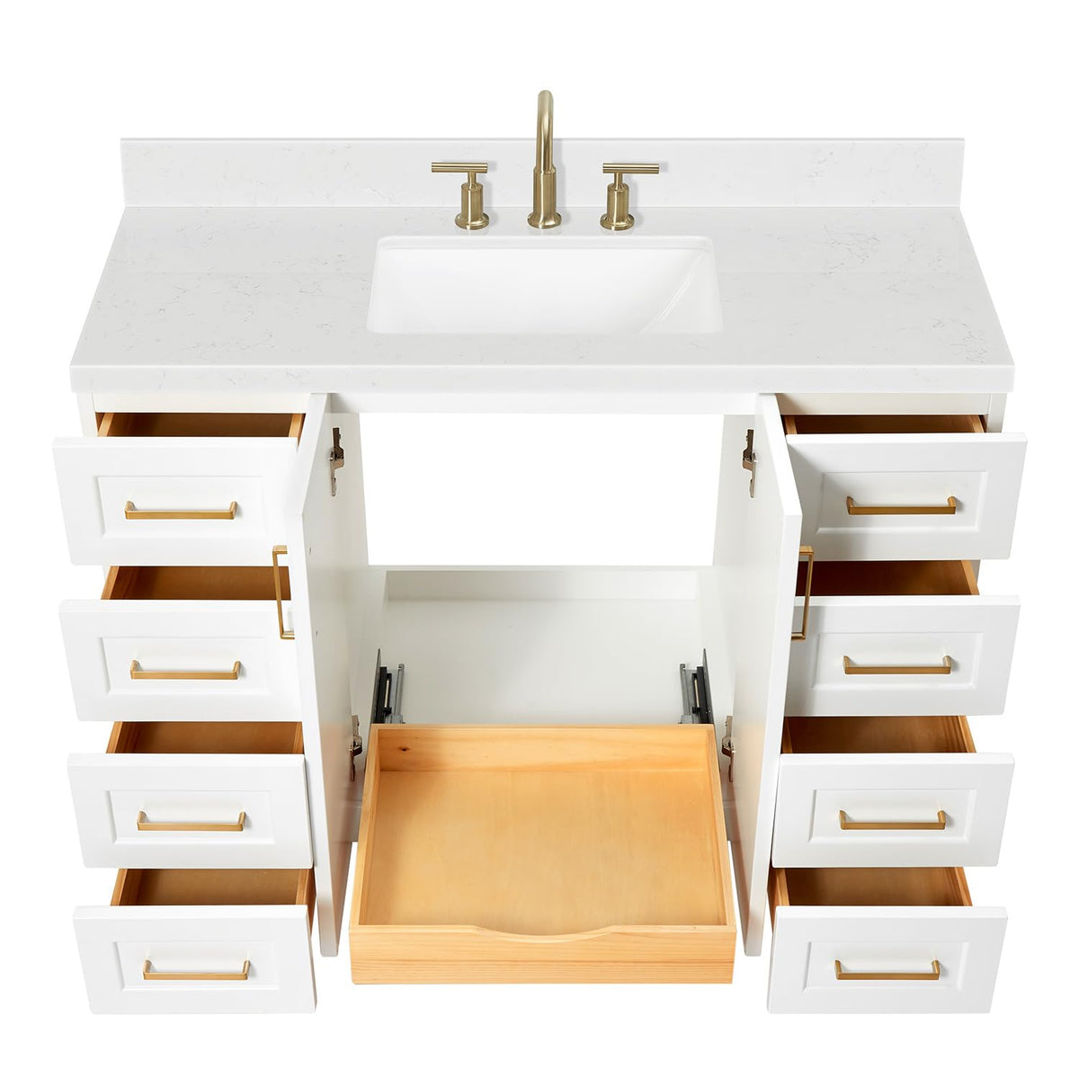 DKB Emilia 48-Inch Bathroom Vanity with Sink â Midnight Blue Single Sink Bathroom Vanity, 1.5" Edge Carrara Quartz Countertop, Solid Wood, 2 Soft Closing Doors, 9 Dovetail Drawers