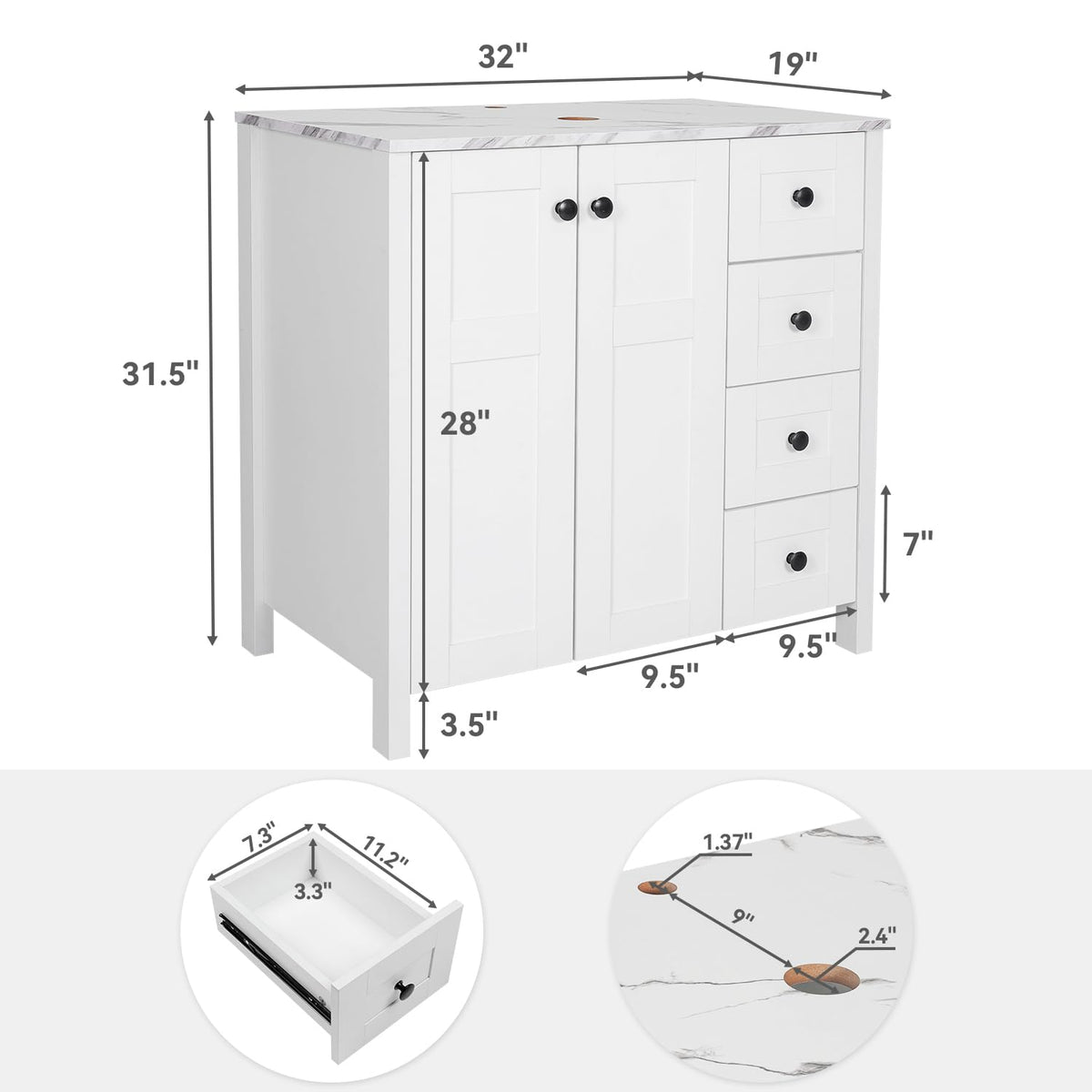48" Bathroom Vanity with Sink, White Modern Freestanding Bathroom Vanity Cabinet with Marble Texture Top and 4 Drawers, Two Boat Ceramic Vessel Sinks