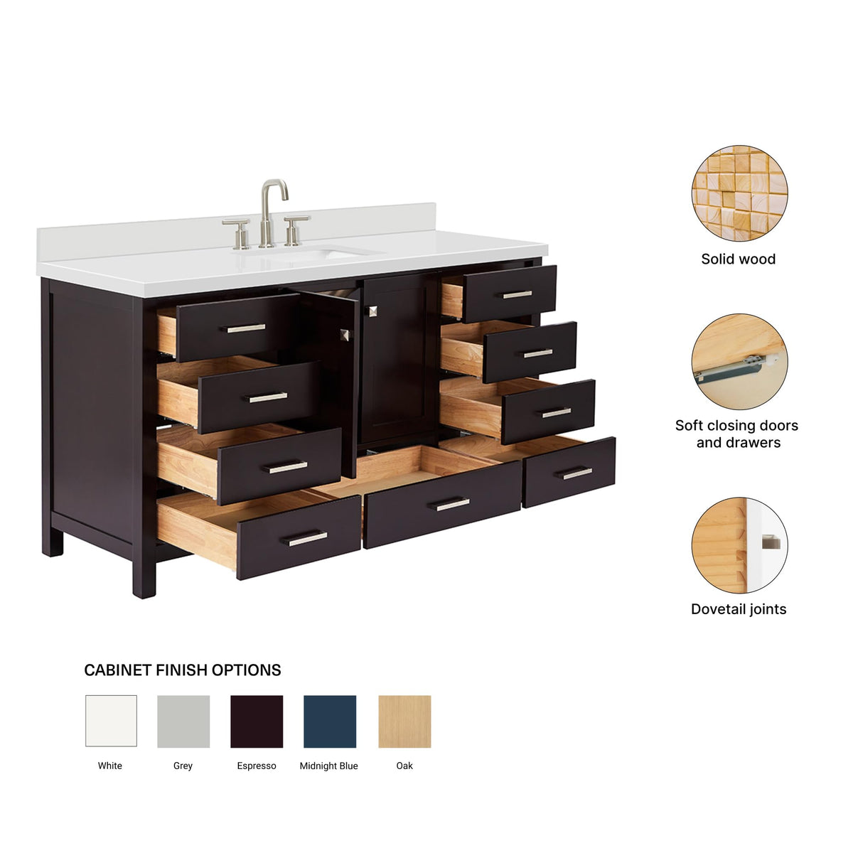ARIEL Cambridge 66-inch Bathroom Vanity with Sink,Solid Wood, 1.5-inch Italian Carrara Marble Countertop, Single Rectangular Porcelain Sink, 2 Soft Closing Doors, 9 Dovetail Drawers, Midnight Blue