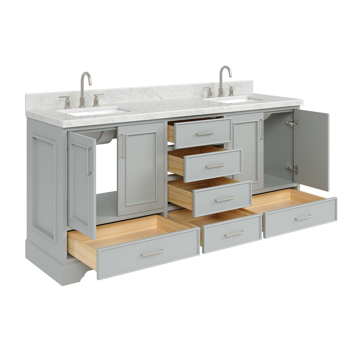 DKB Isabella 72" Oak Double Bathroom Vanity with Sink, 1.5" Carrara White Marble Countertop, Rectangle Undermount Sinks, 4 Soft Closing Doors, 6 Dovetail Drawers
