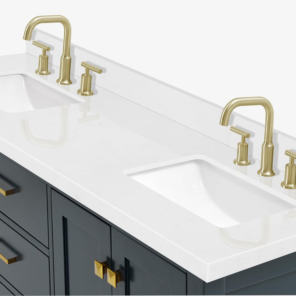 DKB Isabella 66" White Double Bathroom Vanity with 1.5" Carrara Quartz Countertop, Double Rectangular Undermount Sinks, 4 Soft Closing Doors, 6 Dovetail Drawers