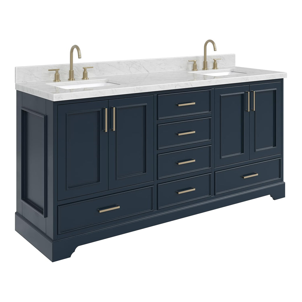 DKB Isabella 72" Oak Double Bathroom Vanity with Sink, 1.5" Carrara White Marble Countertop, Rectangle Undermount Sinks, 4 Soft Closing Doors, 6 Dovetail Drawers