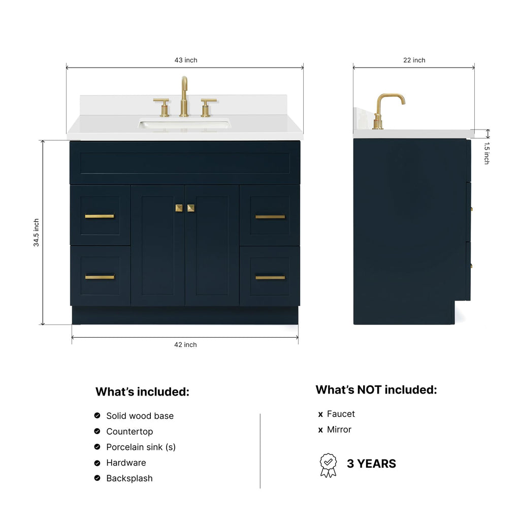 DKB Beckford 42-Inch White Bathroom Vanity with Sink, Solid Wood Base Cabinet, 1.5" White Quartz Countertop, Rectangular Sink, 2 Soft Closing Doors, 9 Drawers