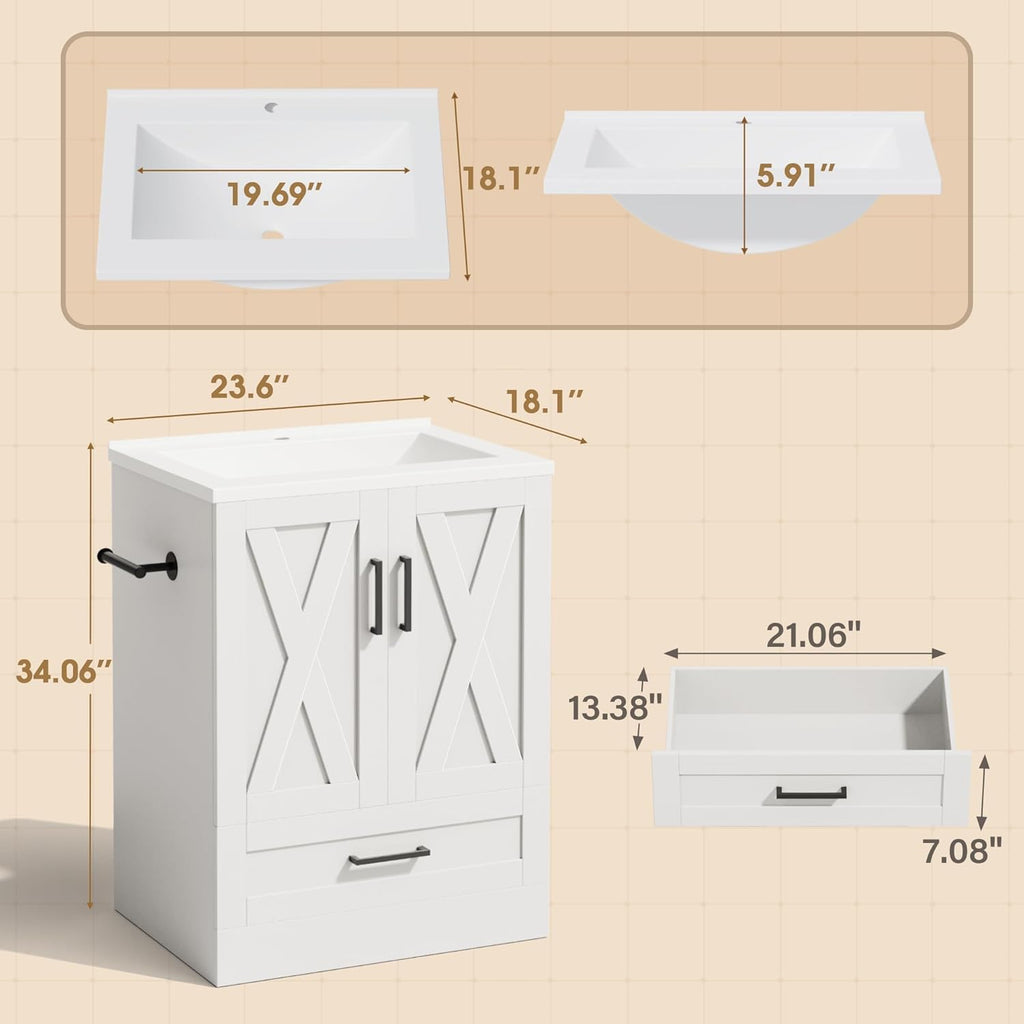 JUMMICO 24" Bathroom Vanity with Sink, Bathroom Storage Cabinet, White