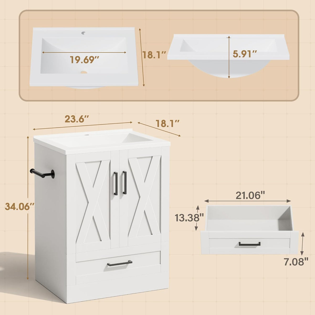 JUMMICO 24" Bathroom Vanity with Sink, Bathroom Storage Cabinet, White