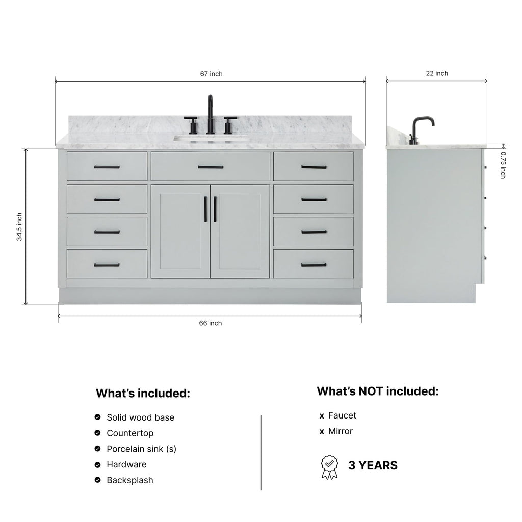 ARIEL Hepburn 66-inch Bathroom Vanity with Sink,Solid Wood, 1.5-inch Pure White Quartz Countertop & Backsplash, Single Rectangular Porcelain Sink, 2 Soft Closing Doors, 9 Dovetail Drawers, White