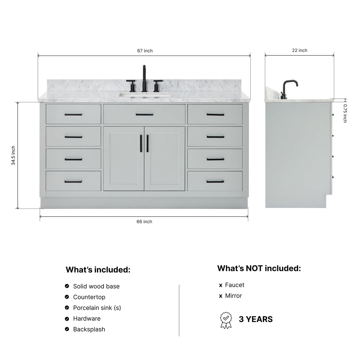 ARIEL Hepburn 66-inch Bathroom Vanity with Sink,Solid Wood, 1.5-inch Pure White Quartz Countertop & Backsplash, Single Rectangular Porcelain Sink, 2 Soft Closing Doors, 9 Dovetail Drawers, White