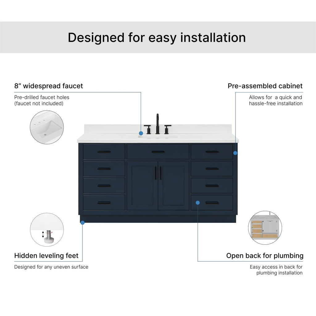 ARIEL Hepburn 66-inch Bathroom Vanity with Sink,Solid Wood, 1.5-inch Pure White Quartz Countertop & Backsplash, Single Rectangular Porcelain Sink, 2 Soft Closing Doors, 9 Dovetail Drawers, White