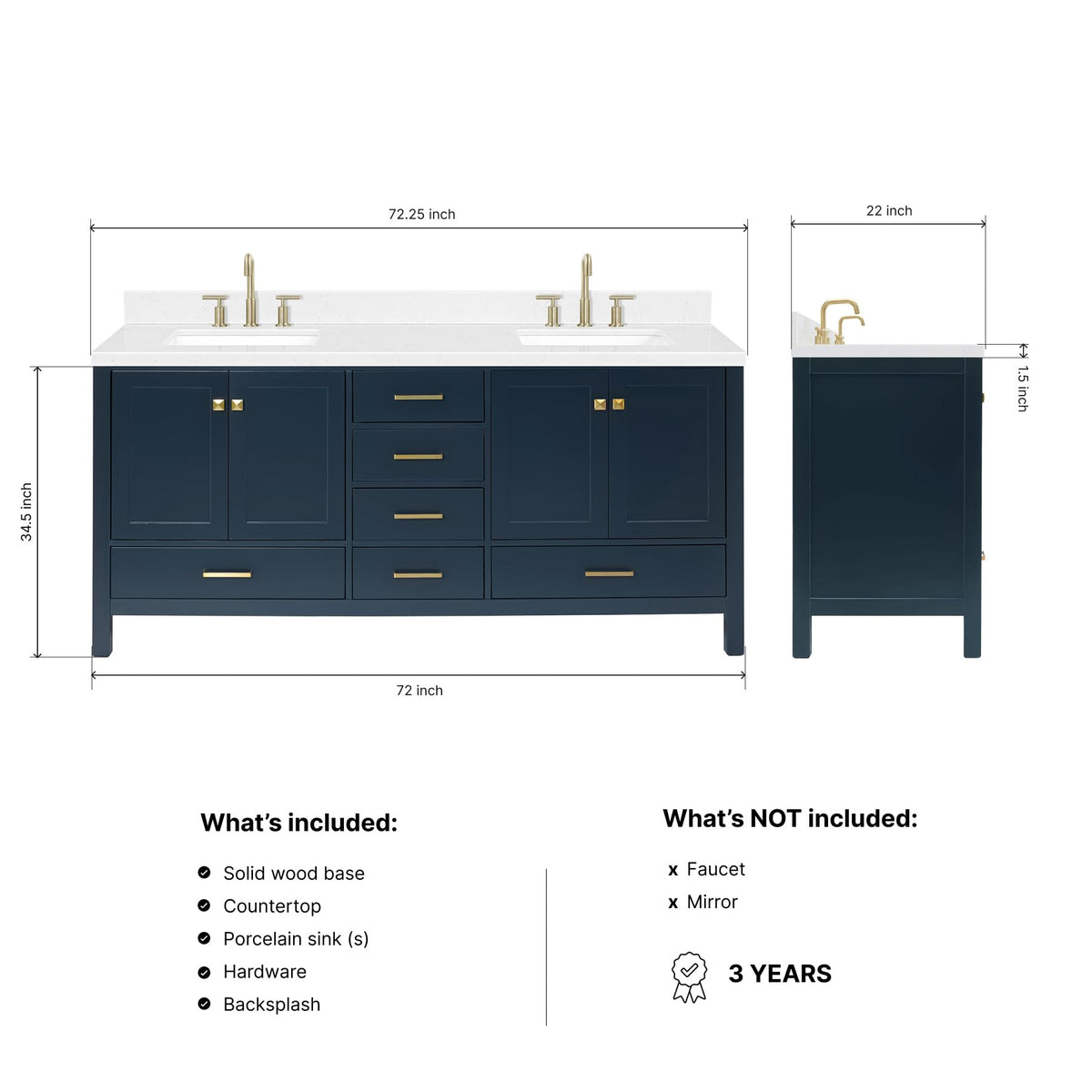 DKB Emilia 72 Inch Bathroom Vanity Double Sink â White Bathroom Vanity with Sink, 1.5" Edge Carrara White Quartz Countertop & Backsplash, 4 Soft-Close Doors, and 6 Dovetail Drawers