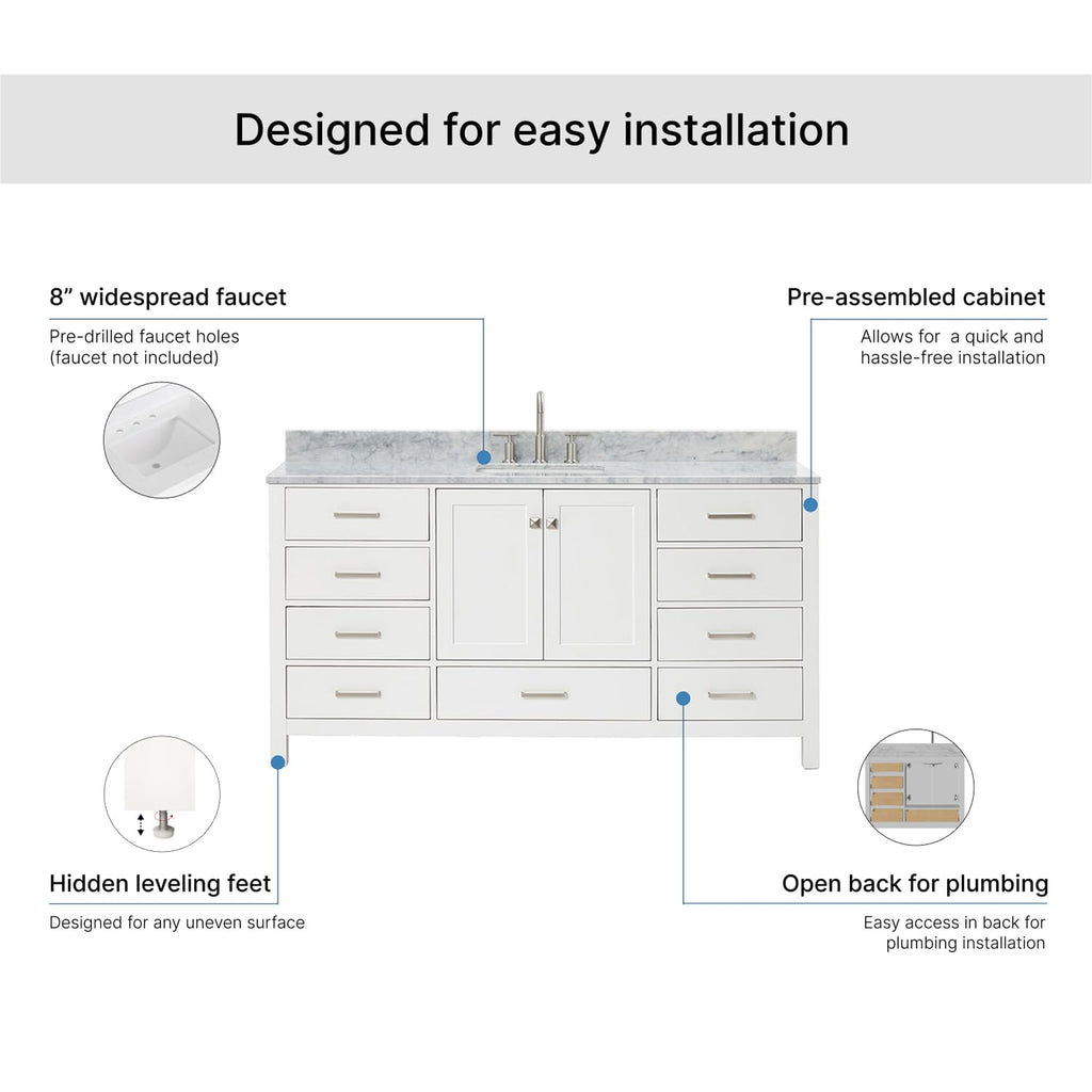 ARIEL Cambridge 66-inch Bathroom Vanity with Sink,Solid Wood, 1.5-inch Italian Carrara Marble Countertop, Single Rectangular Porcelain Sink, 2 Soft Closing Doors, 9 Dovetail Drawers, Midnight Blue