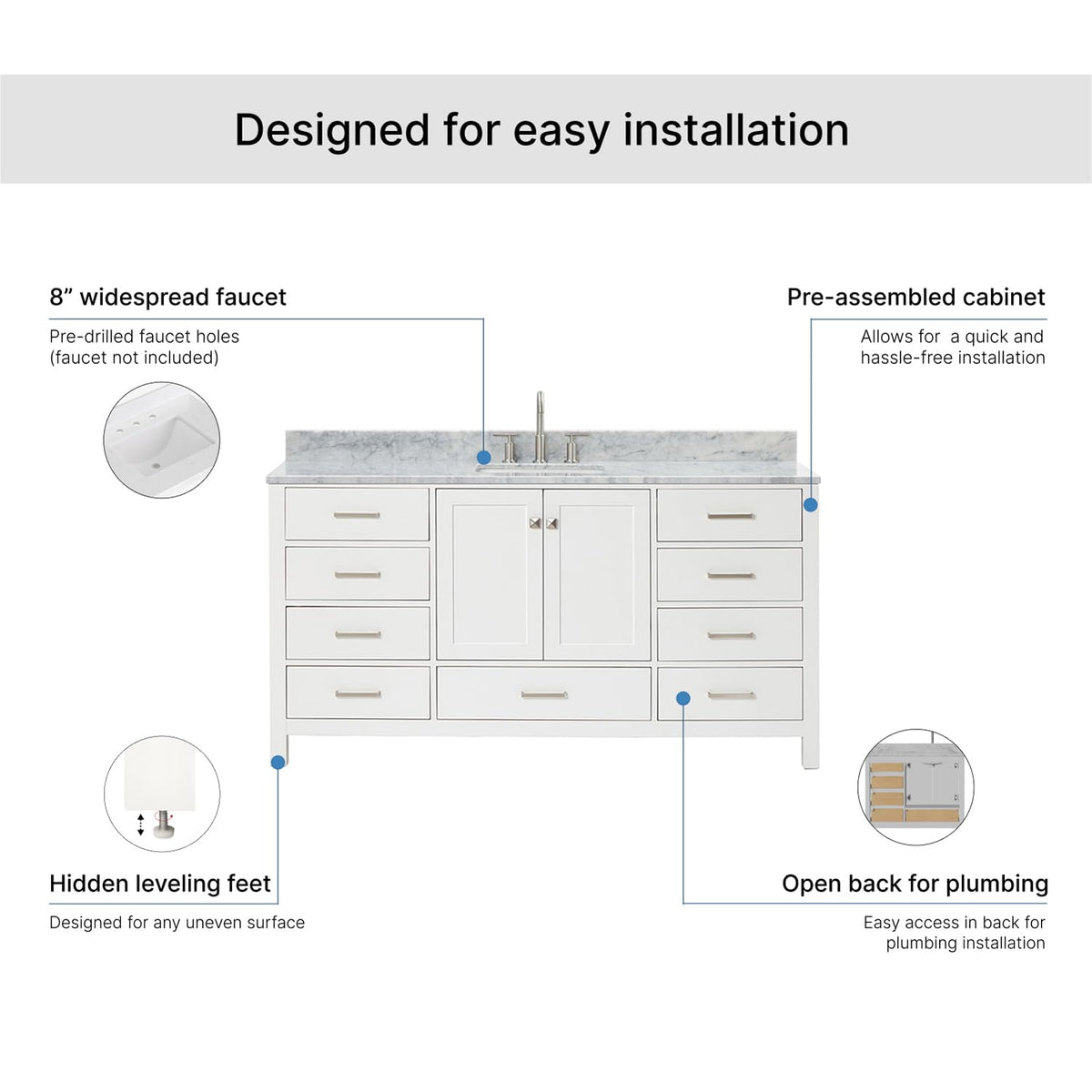 ARIEL Cambridge 66-inch Bathroom Vanity with Sink,Solid Wood, 1.5-inch Italian Carrara Marble Countertop, Single Rectangular Porcelain Sink, 2 Soft Closing Doors, 9 Dovetail Drawers, Midnight Blue