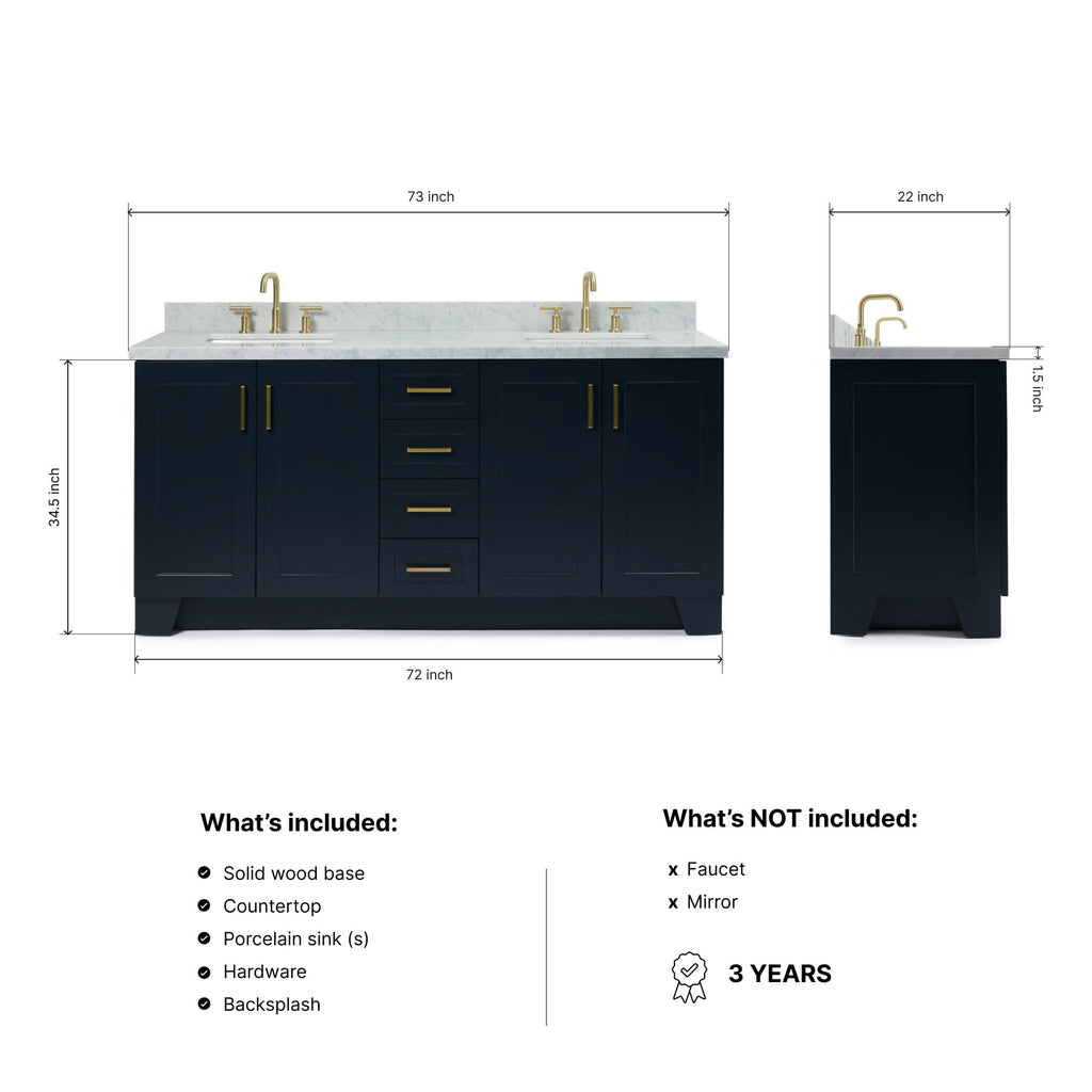 DKB Isabella 72" Oak Double Bathroom Vanity with Sink, 1.5" Carrara White Marble Countertop, Rectangle Undermount Sinks, 4 Soft Closing Doors, 6 Dovetail Drawers