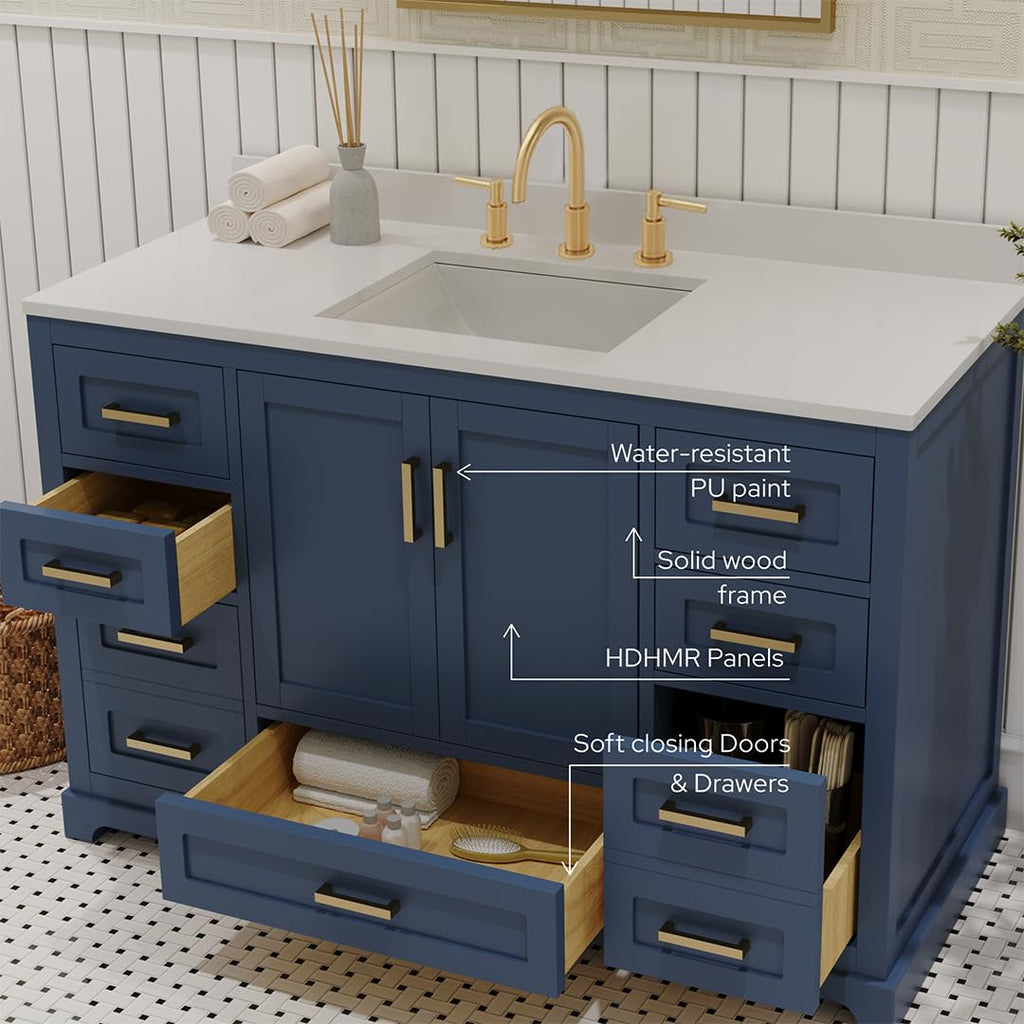 Ayna Decors Maya 72 Inch Double Vanity with Sink and Pre Drilled Faucet Holes Quartz Top in Charcoal Grey, Freestanding Bathroom Vanities with Soft Close Doors and Drawers - Brushed Gold Hardware