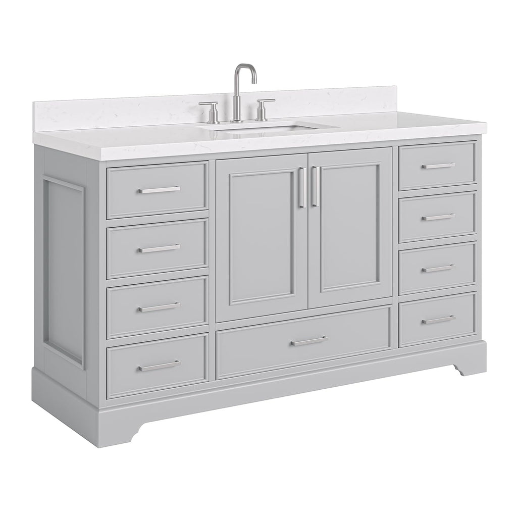 DKB Isabella 60 Inch Bathroom Vanity Single Sink â White Bathroom Vanity with Sink, 1.5" Edge Carrara White Quartz Countertop, Solid Wood, 2 Soft-Close Doors, 8 Dovetail Drawers + Tilt Drawer