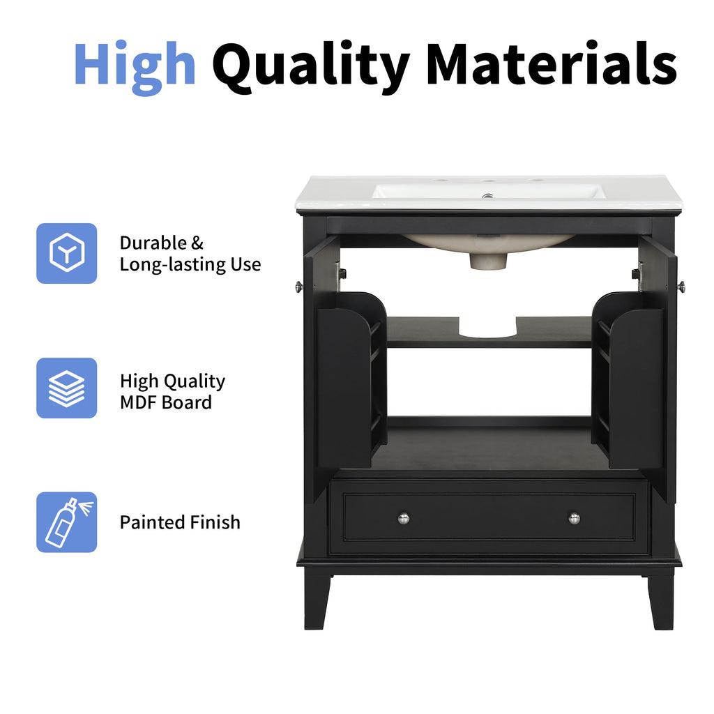 30" Bathroom Vanity Cabinet with Undermount Sink, Storage Rack Shelf, Multi-Functional Drawer Divider, Soft Closing Doors, Black