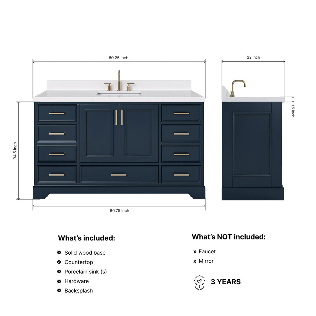 DKB Isabella 60 Inch Bathroom Vanity Single Sink â White Bathroom Vanity with Sink, 1.5" Edge Carrara White Quartz Countertop, Solid Wood, 2 Soft-Close Doors, 8 Dovetail Drawers + Tilt Drawer