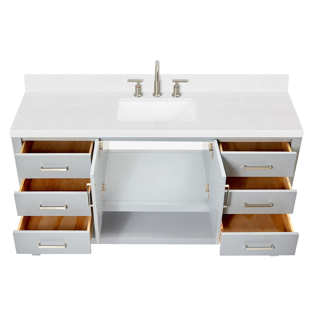 DKB Isabella 60 Inch Bathroom Vanity Single Sink â White Bathroom Vanity with Sink, 1.5" Edge Carrara White Quartz Countertop, Solid Wood, 2 Soft-Close Doors, 8 Dovetail Drawers + Tilt Drawer
