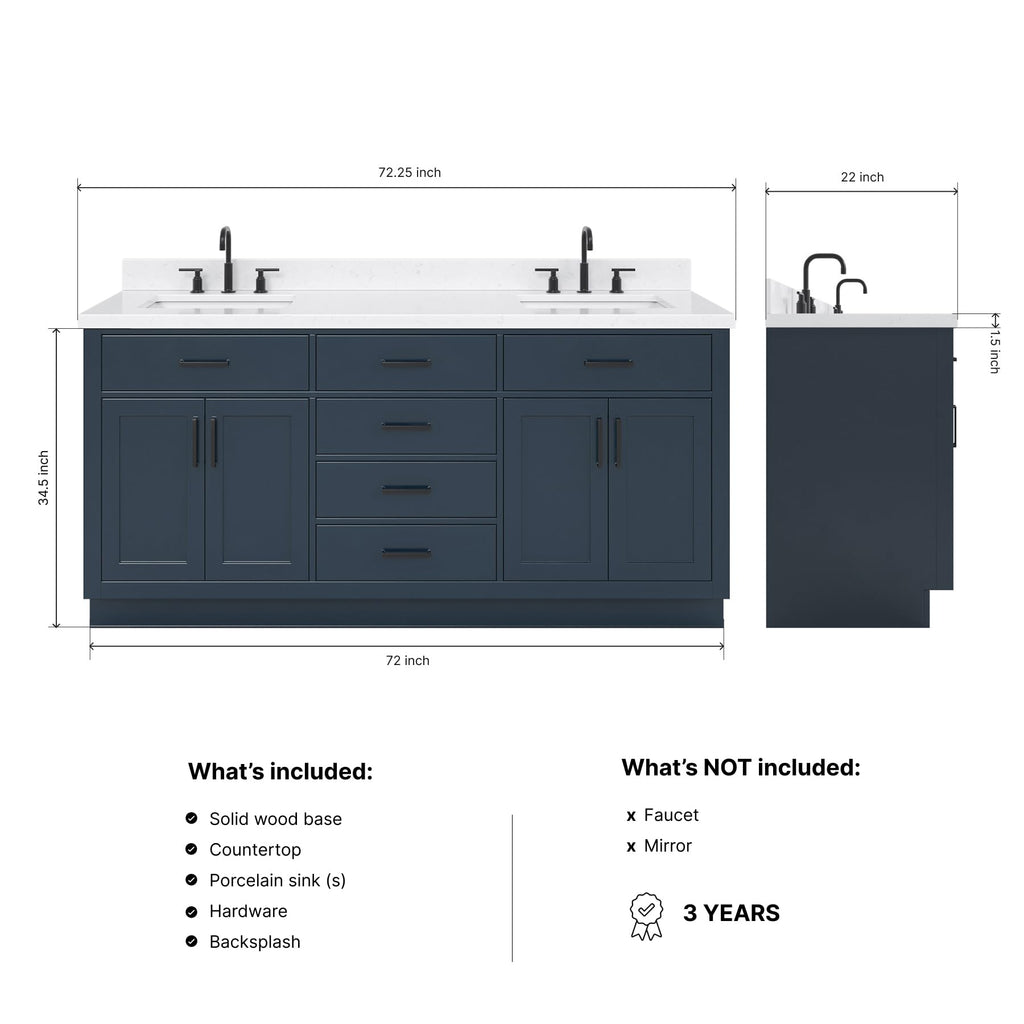DKB Emilia 72 Inch Bathroom Vanity Double Sink â White Bathroom Vanity with Sink, 1.5" Edge Carrara White Quartz Countertop & Backsplash, 4 Soft-Close Doors, and 6 Dovetail Drawers