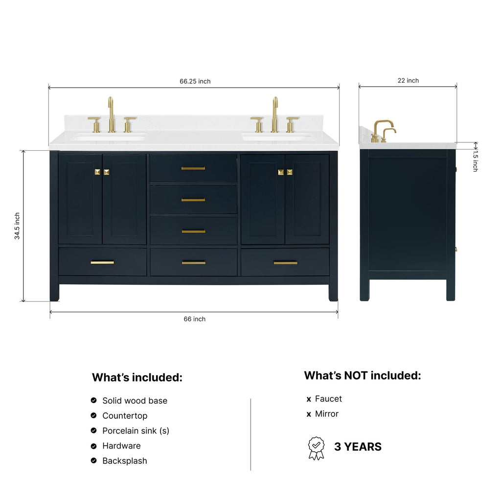 DKB Isabella 66" White Double Bathroom Vanity with 1.5" Carrara Quartz Countertop, Double Rectangular Undermount Sinks, 4 Soft Closing Doors, 6 Dovetail Drawers