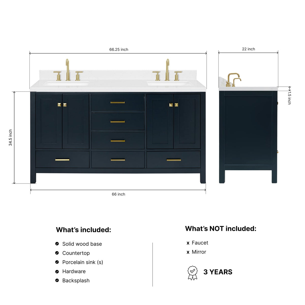 DKB Isabella 66" White Double Bathroom Vanity with 1.5" Carrara Quartz Countertop, Double Rectangular Undermount Sinks, 4 Soft Closing Doors, 6 Dovetail Drawers
