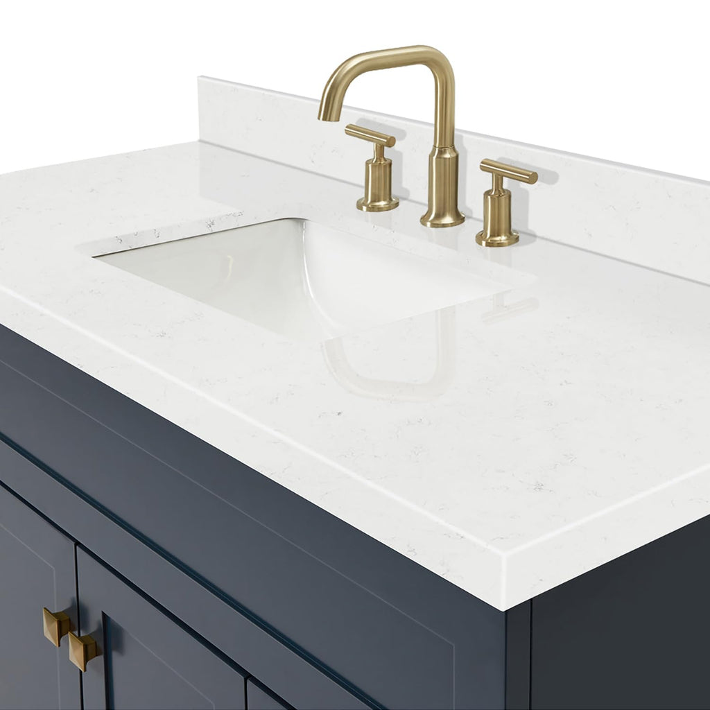 DKB Emilia 48-Inch Bathroom Vanity with Sink â Midnight Blue Single Sink Bathroom Vanity, 1.5" Edge Carrara Quartz Countertop, Solid Wood, 2 Soft Closing Doors, 9 Dovetail Drawers