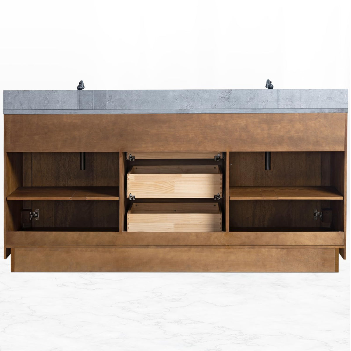 HOMEBEYOND 72" Bathroom Vanity with Double Sink & Ceramic Top, MDF Material Vanity Cabinet with Basin Combo, Soft-Closing Doors, Removable Shelf, Backsplash, Tan