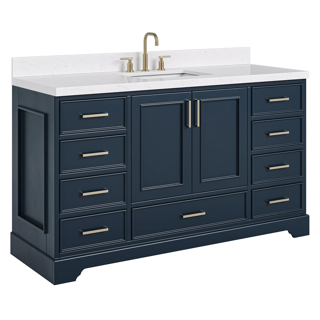 DKB Isabella 60 Inch Bathroom Vanity Single Sink â White Bathroom Vanity with Sink, 1.5" Edge Carrara White Quartz Countertop, Solid Wood, 2 Soft-Close Doors, 8 Dovetail Drawers + Tilt Drawer