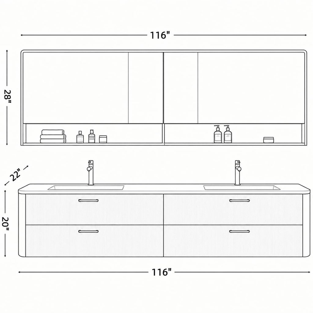 96 in Floating Double Bathroom Vanity with Sinks & LED Mirrors