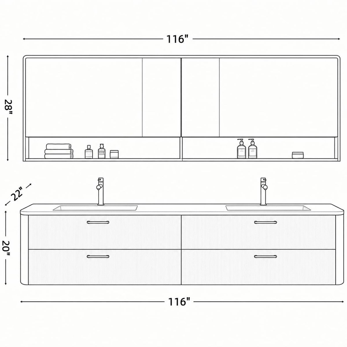 96 in Floating Double Bathroom Vanity with Sinks & LED Mirrors