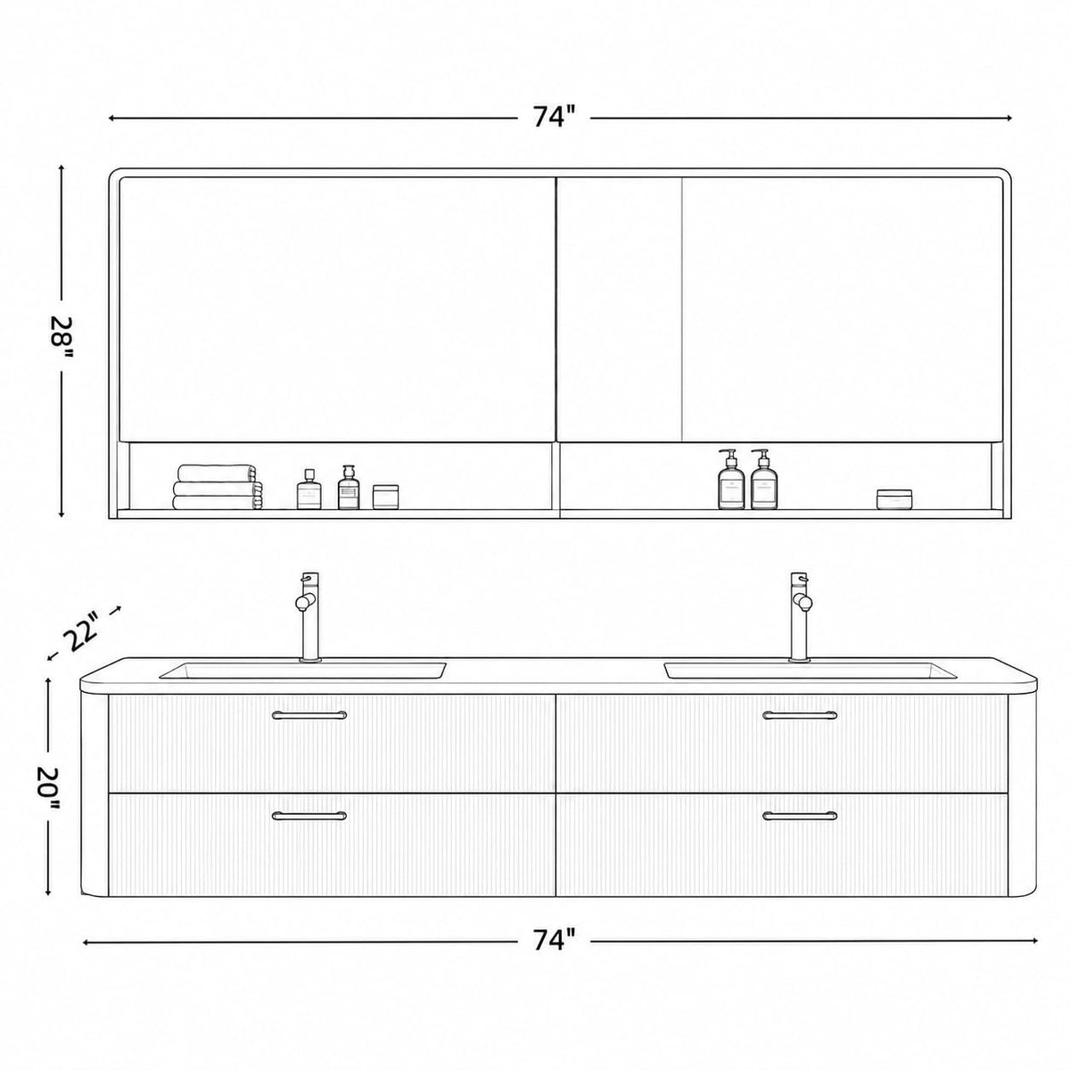 52 in Floating Double Bathroom Vanity with Vessel Sinks & LED Mirror Cabinet
