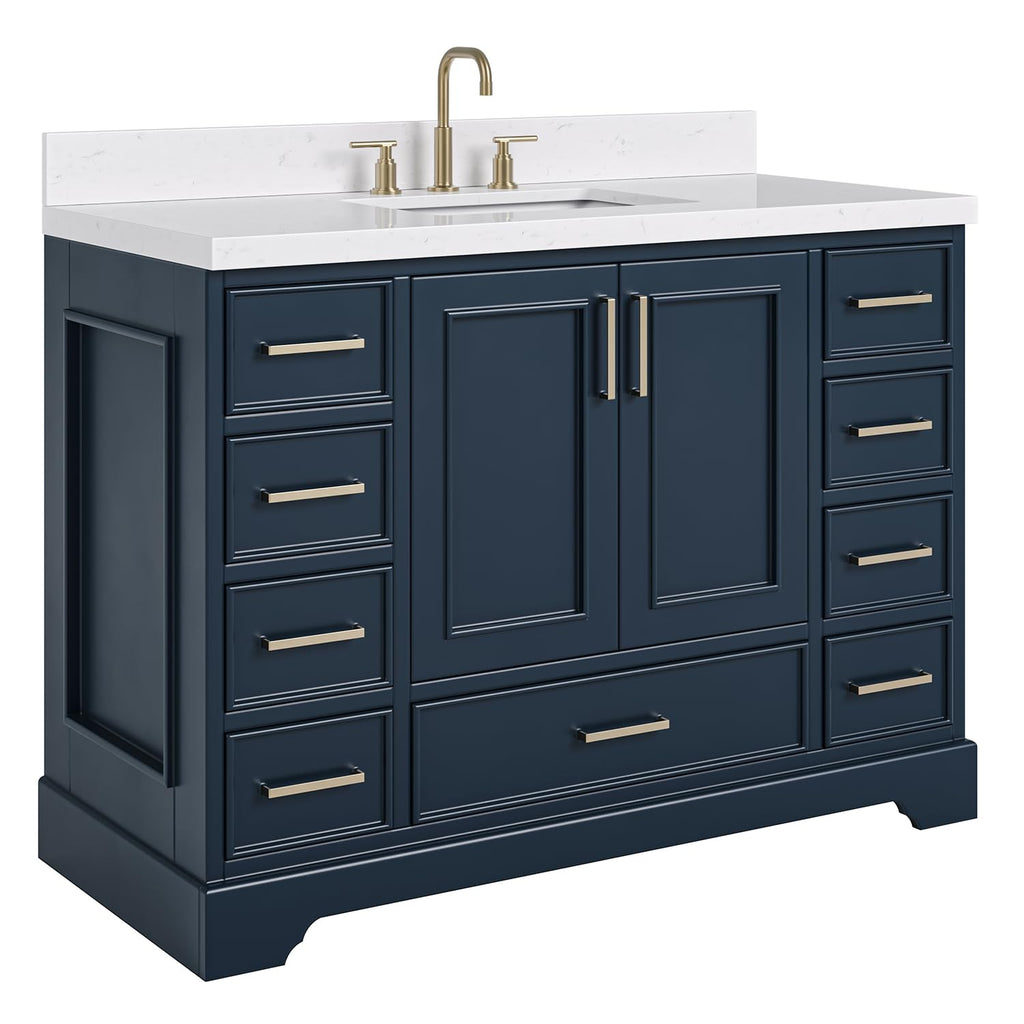 DKB Emilia 48-Inch Bathroom Vanity with Sink â Midnight Blue Single Sink Bathroom Vanity, 1.5" Edge Carrara Quartz Countertop, Solid Wood, 2 Soft Closing Doors, 9 Dovetail Drawers