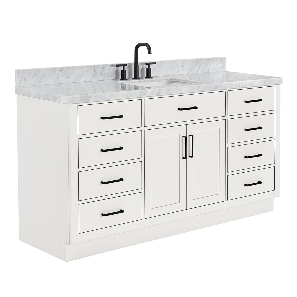 ARIEL Hepburn 66-inch Bathroom Vanity with Sink,Solid Wood, 1.5-inch Pure White Quartz Countertop & Backsplash, Single Rectangular Porcelain Sink, 2 Soft Closing Doors, 9 Dovetail Drawers, White