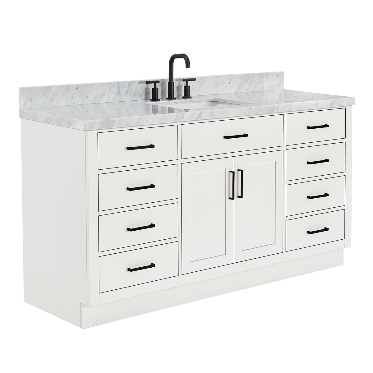 ARIEL Hepburn 66-inch Bathroom Vanity with Sink,Solid Wood, 1.5-inch Pure White Quartz Countertop & Backsplash, Single Rectangular Porcelain Sink, 2 Soft Closing Doors, 9 Dovetail Drawers, White