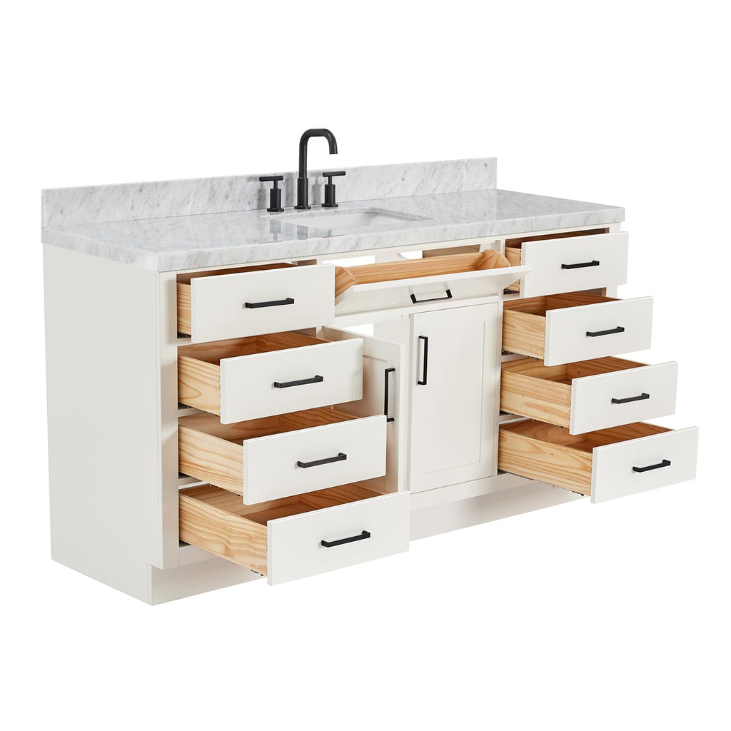 ARIEL Hepburn 66-inch Bathroom Vanity with Sink,Solid Wood, 1.5-inch Pure White Quartz Countertop & Backsplash, Single Rectangular Porcelain Sink, 2 Soft Closing Doors, 9 Dovetail Drawers, White