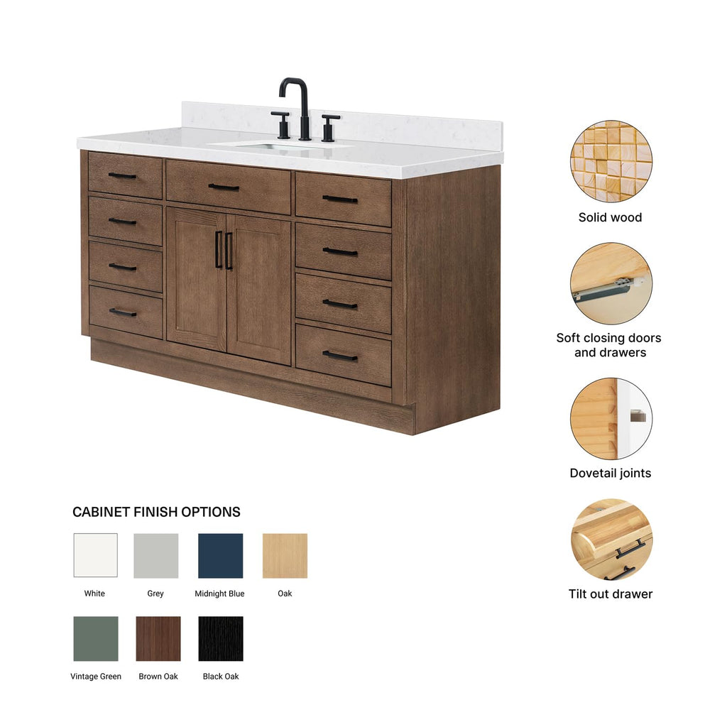 ARIEL Hepburn 66-inch Bathroom Vanity with Sink,Solid Wood, 1.5-inch Pure White Quartz Countertop & Backsplash, Single Rectangular Porcelain Sink, 2 Soft Closing Doors, 9 Dovetail Drawers, White