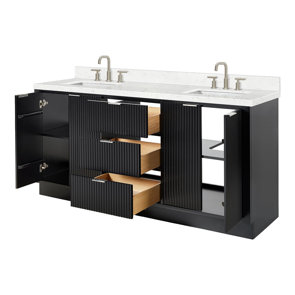 DKB Emilia 72 Inch Bathroom Vanity Double Sink â White Bathroom Vanity with Sink, 1.5" Edge Carrara White Quartz Countertop & Backsplash, 4 Soft-Close Doors, and 6 Dovetail Drawers