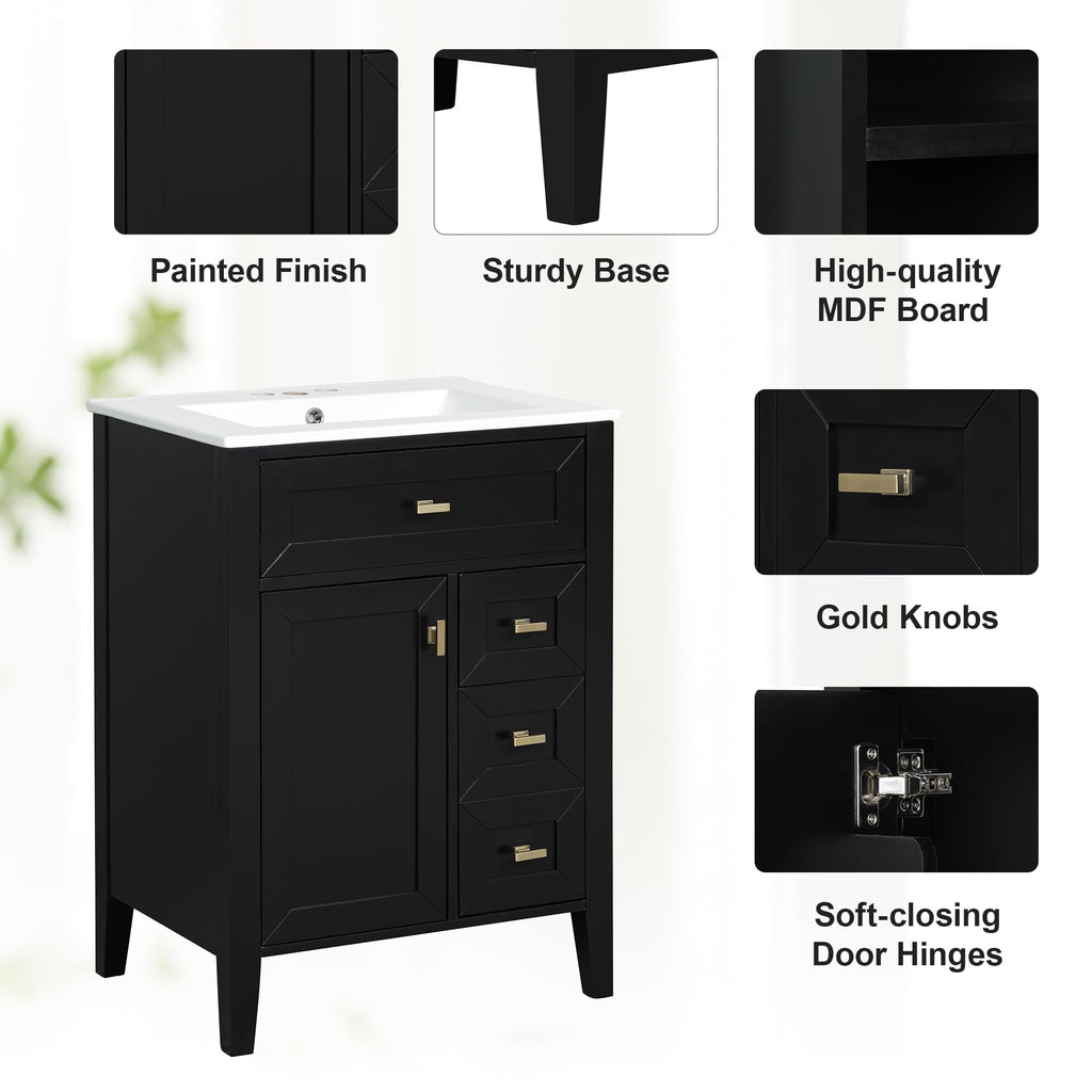 36 Inch Bathroom Vanities with Undermount Ceramic Sink, Storage Cabinet with Soft Closing Doors and Three Drawers, Solid Wood Frame, Natural Wood