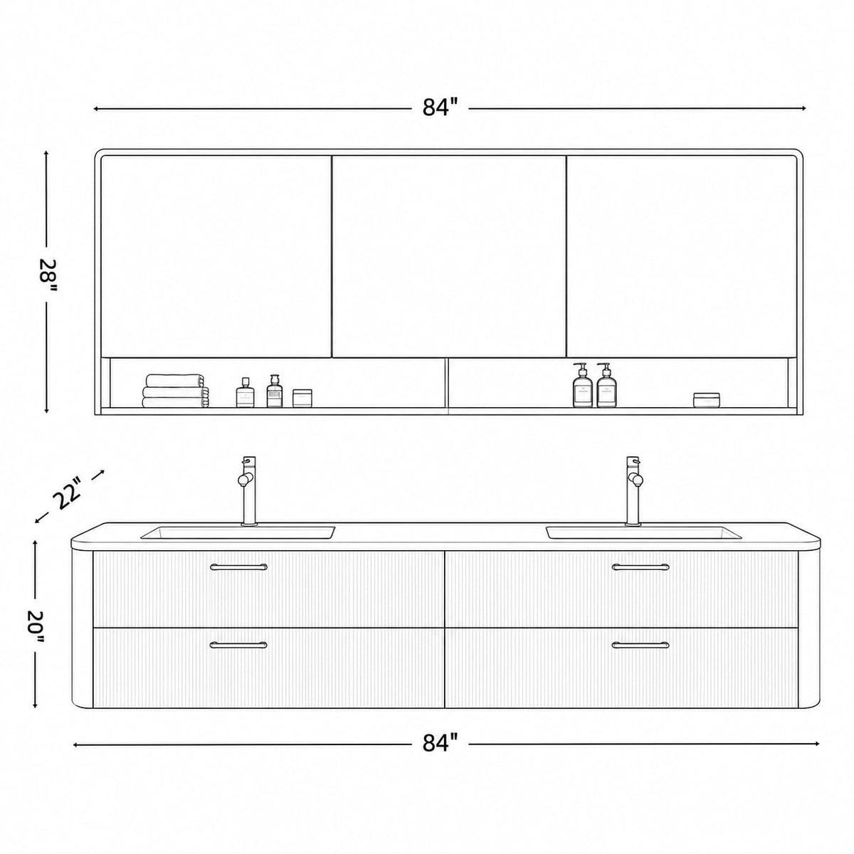 60 IN Floating Double Bathroom Vanity with Sinks & LED Mirror Cabinet