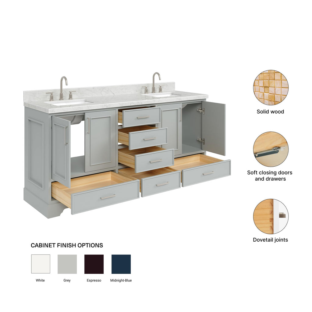 DKB Isabella 72" Oak Double Bathroom Vanity with Sink, 1.5" Carrara White Marble Countertop, Rectangle Undermount Sinks, 4 Soft Closing Doors, 6 Dovetail Drawers