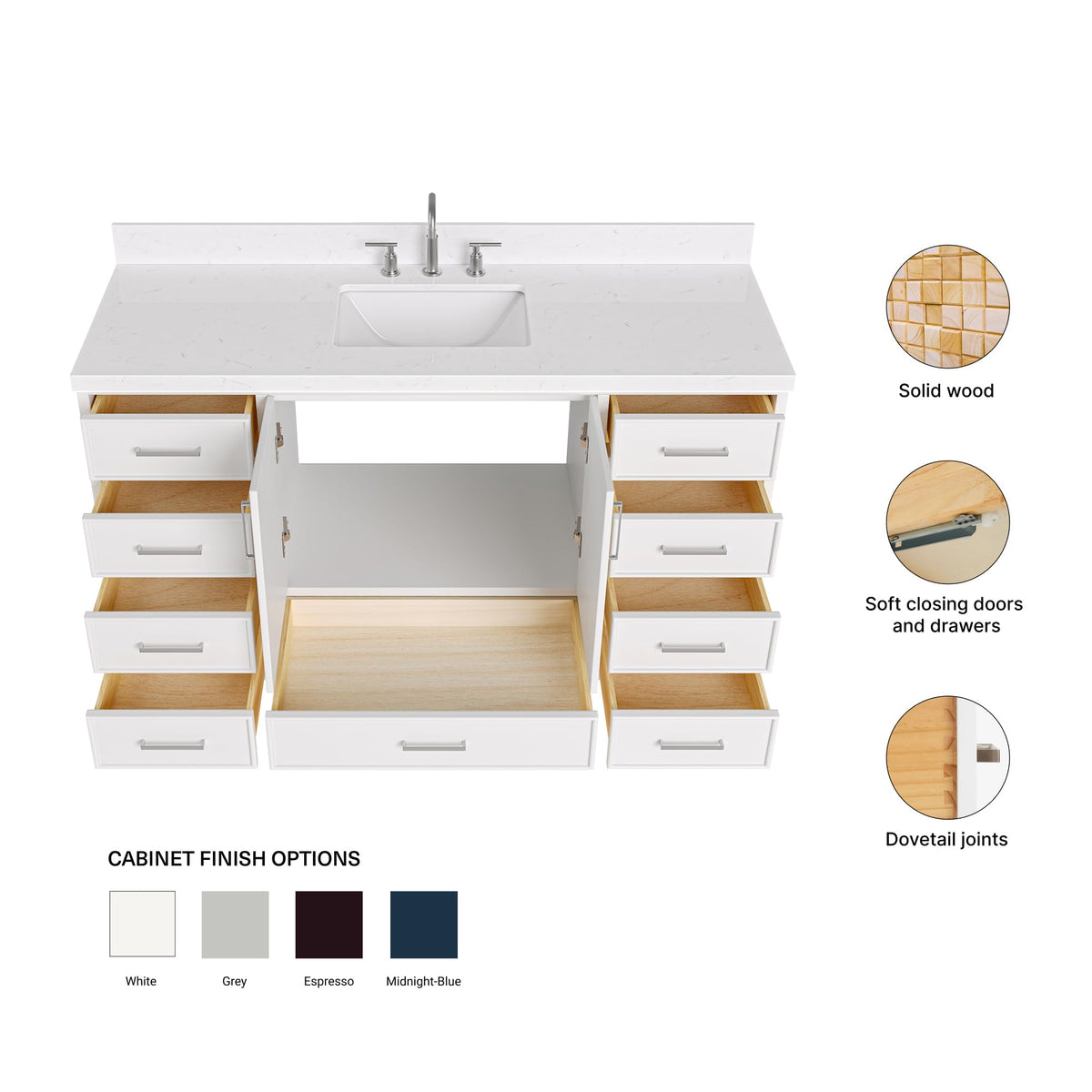DKB Isabella 60 Inch Bathroom Vanity Single Sink â White Bathroom Vanity with Sink, 1.5" Edge Carrara White Quartz Countertop, Solid Wood, 2 Soft-Close Doors, 8 Dovetail Drawers + Tilt Drawer