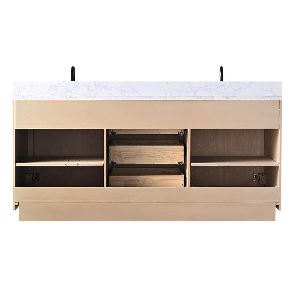 HOMEBEYOND 72" Bathroom Vanity with Double Sink & Ceramic Top, MDF Material Vanity Cabinet with Basin Combo, Soft-Closing Doors, Removable Shelf, Backsplash, Tan